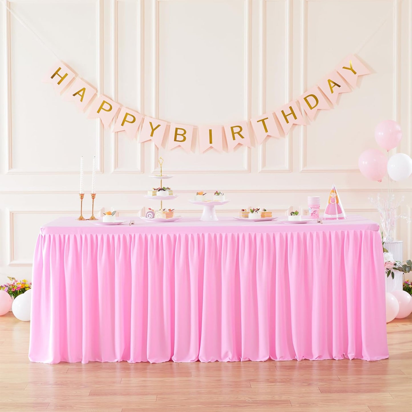 Pink Polyester Table Clothes for 4 Foot Rectangle Tables, Wrinkle Free Fitted Table Cover with Pleated Ruffle Table Skirt for Birthday Party Wedding Trade Show Event Display