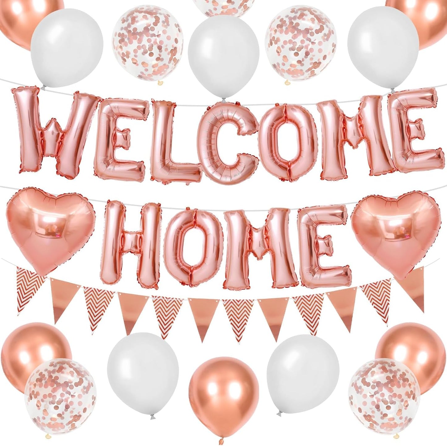 Welcome Home Decorations Rose Gold,Welcome Home Foil Balloon Banner with Rosegold Heart Balloons Pennant Flag Bunting for Housewarming Baby Shower Home Family Party Supplies