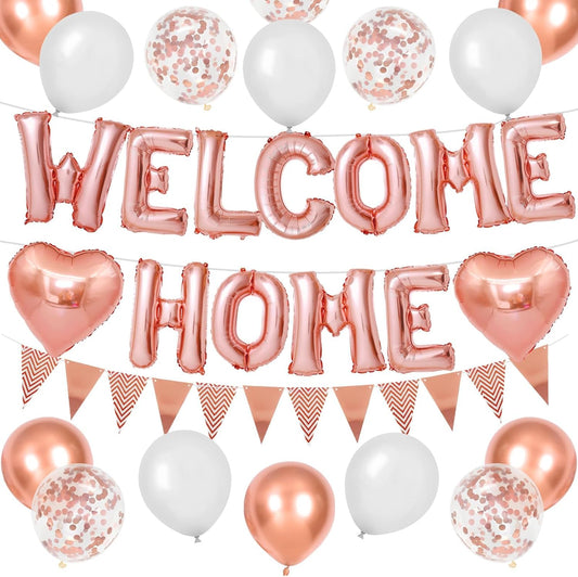 Welcome Home Decorations Rose Gold,Welcome Home Foil Balloon Banner with Rosegold Heart Balloons Pennant Flag Bunting for Housewarming Baby Shower Home Family Party Supplies