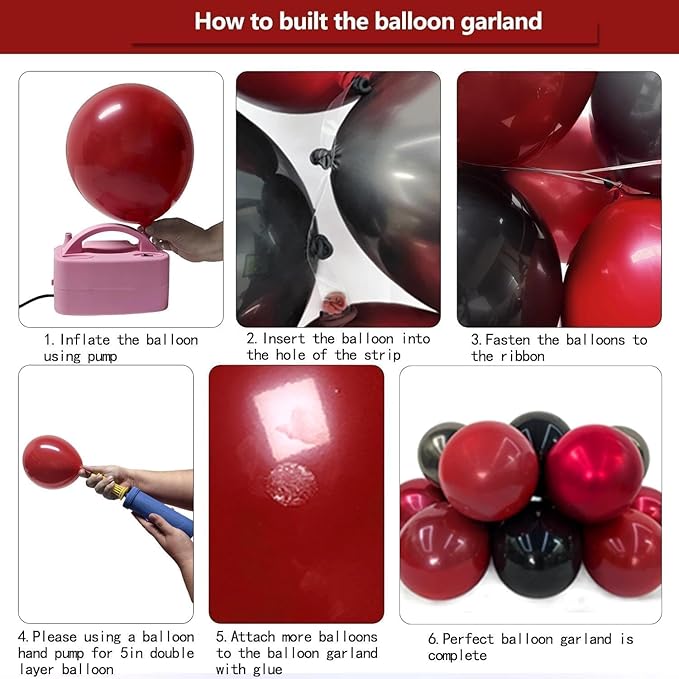 Black Red Balloon Arch Double Stuffed Black Burgundy Maroon Balloons Dark Ruby Red Metallic Balloon Garland Kit for New Year Birthday Wedding Valentines Anniversary Graduation Party Decorations