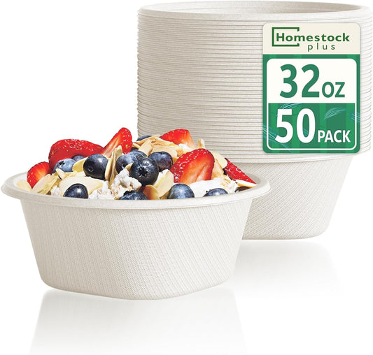 Homestockplus Disposable Soup Bowls 32oz [50 Pack] - Heavy Duty Deep Paper Bowls, Leakproof Compostable Containers for Ramen, Chili & Catering, Microwave Safe Bowls (White)