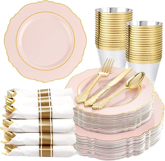 Liacere 175PCS Pink Plates Disposable - Pink and Gold Plates 25guest Baroque Plastic Dinnerware include 150Plates, 25Pack Pre Rolled Napkins with Silverware 25Cups Perfect for Easter Day