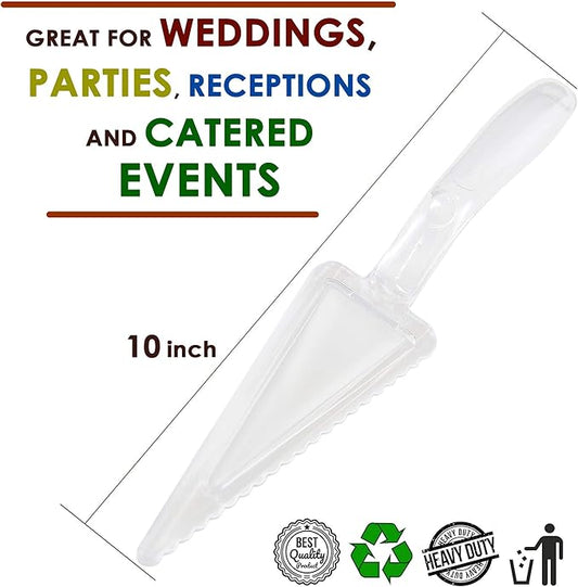 Fit Meal Prep 60 Pack 10 Inch Plastic Pie Server - Clear Disposable Cake Servers & Cutter Utensil, Heavy Duty Spatula for Serving Platter, Cutting Dessert, Pizza Pastry Slicer, Kitchen Knife