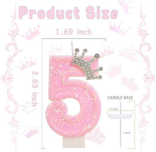 Pink Crown Birthday Candle for Cake, Pincess Birthday Party Decorations, 2.76 Inch Cake Topper for Girls Party Supplies (Number 5)