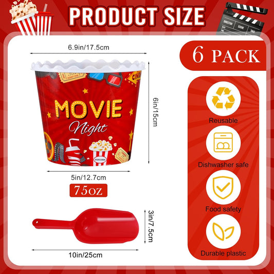 Roshtia 6 Pieces Plastic Popcorn Containers Reusable Buckets 75 oz Popcorn Boxes Bowl with Scoop Retro Style Red Plastic Scoop Set for Movie Theater Night(Movie)