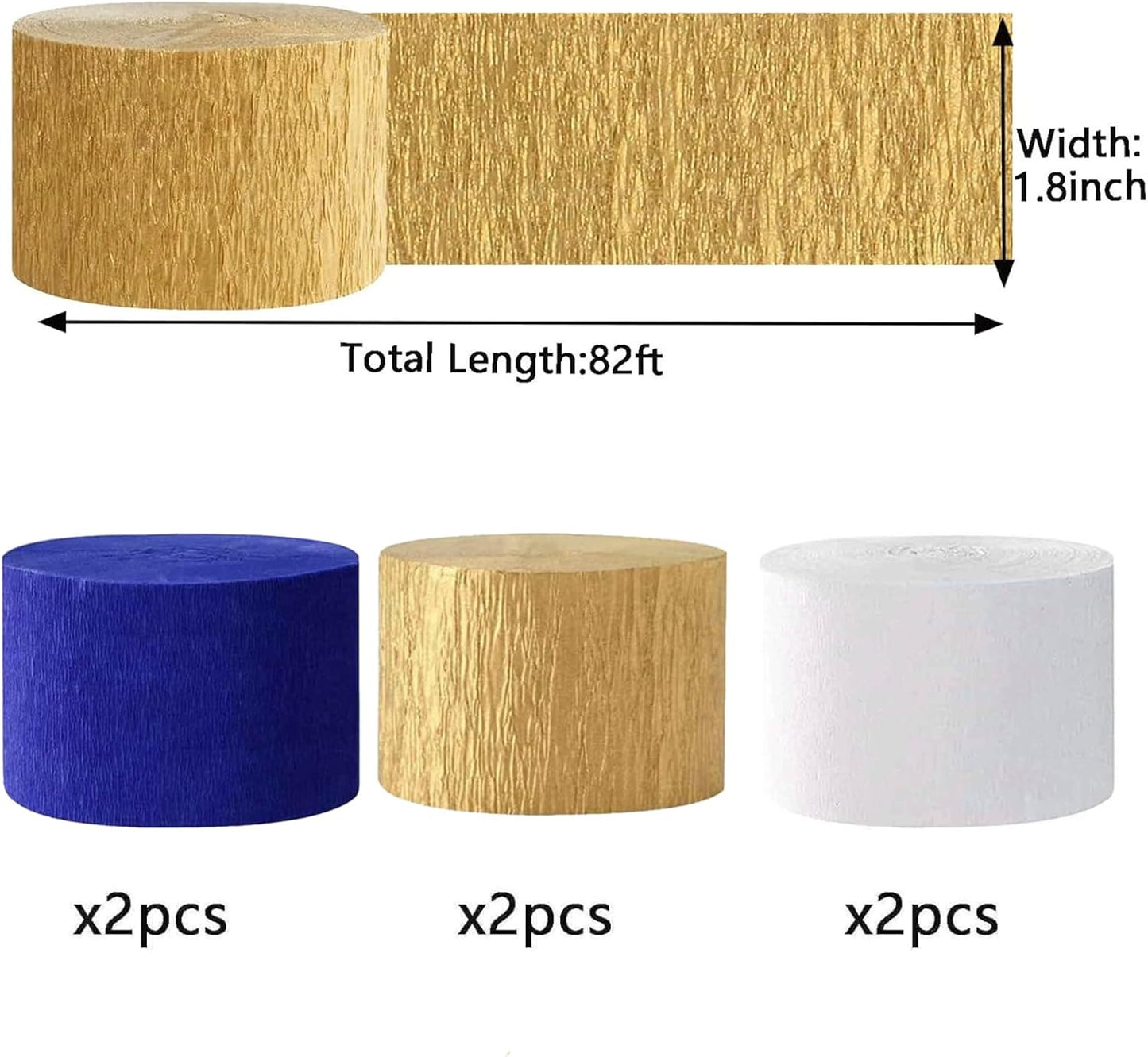 We Moment Navy Blue Gold White Crepe Paper Streamers Party Streamer 1.8 Inch Widening 6 Rolls,Royal Blue Gold Party Decorations Streamer 82 feet per roll for Graduation Boy Birthday Party Decorations