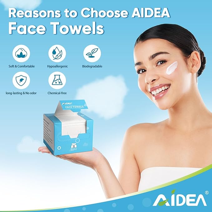 AIDEA Face Towels Disposable-50Ct, Facial Cleansing Wipes for Sensitive Skin, Facial Towelettes for Makeup Removing, Nursing, Travel, Dry Wipes Face Cloths