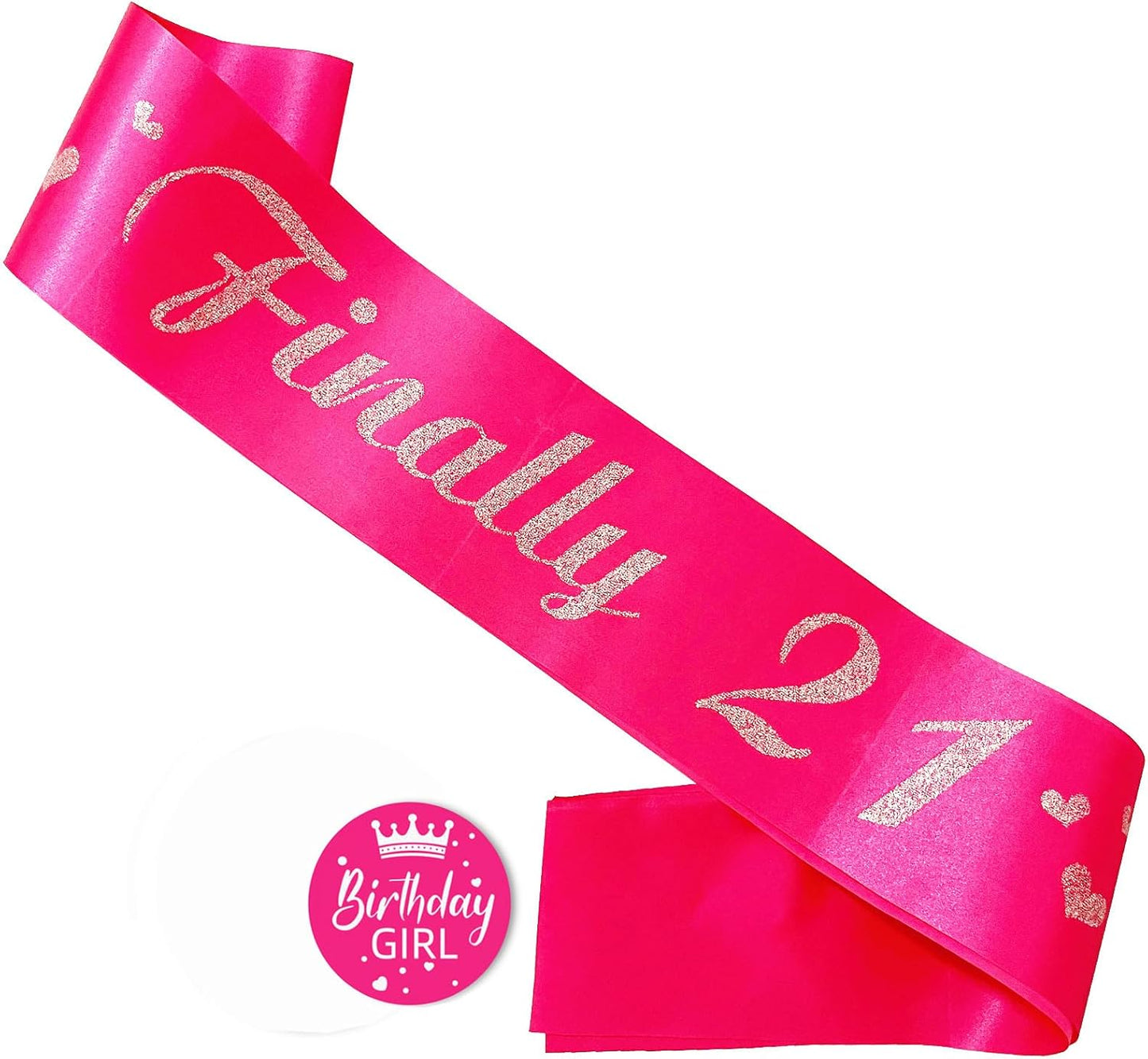 21st Birthday Sash, Hot Pink Satin Soft Sashes with Silver Glitter Letter, Birthday Decorations for Girls, Happy 21st Birthday Party Favor Supplies,hot Pink