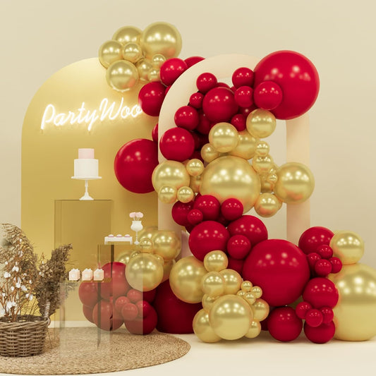 PartyWoo Red and Gold Balloons, 140 pcs Ruby Red and Gold Balloons Different Sizes Pack of 18 Inch 12 Inch 10 Inch 5 Inch for Balloon Garland or Balloon Arch as Birthday Decorations, Party Decorations