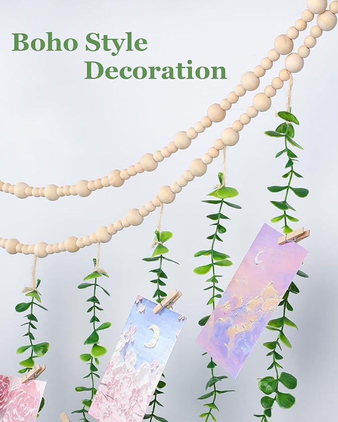 Boho Wall Decor with Photo Hanging Clips, Wooden Beads Garland with Greenery Eucalyptus Decor, Aesthetic Room Essentials for Bedroom, Office Cubicle, Home Wall Decoration