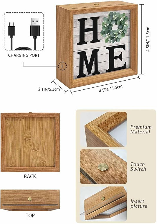 Wood Night Light Box 4.5x4.5in,Home Green Eucalyptus Wreath Table Lights Wooden Picture Frame with USB Rechargeable Touch LED Lights for Home Decor Desktop Display,Farm Vintage Wood Board