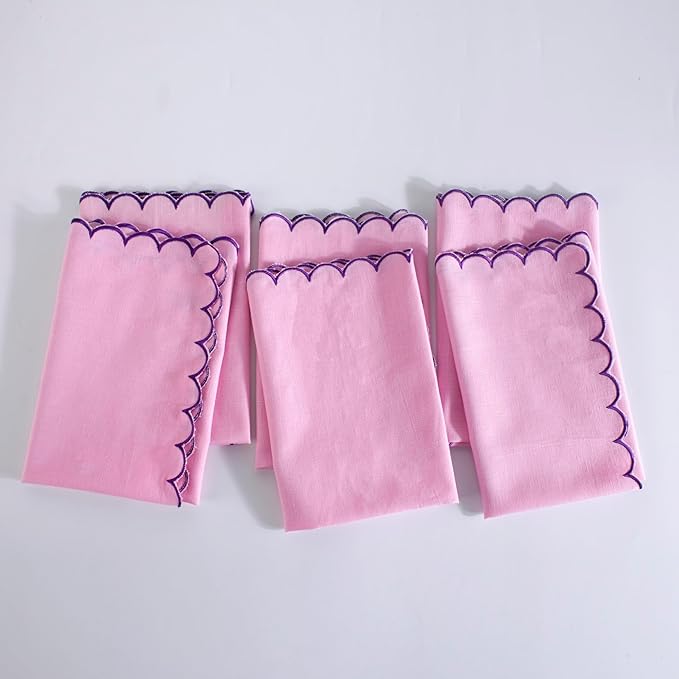 FINGERCRAFT Cloth Napkins, Everyday Use Reversible Scallop Design, Premium Quality Cotton Linen Blend Napkin Set of 6 Perfect for Parties Dinners Weddings Easter Napkin Cloth 20x20 Inch Pastel Rose