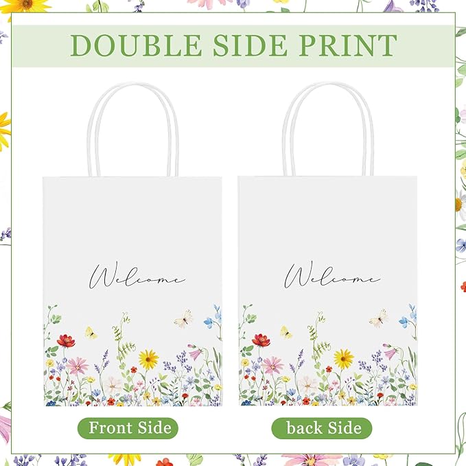 Sweetude 50 Pieces Wildflower Welcome Bags for Wedding Guests Gift Paper Bridal Baby Shower Favor Wedding Welcome Bags with Handles Wildflower for Retail Party Shopping