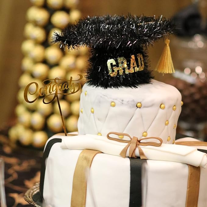 Whaline Graduation Cake Topper Gold Acrylic Cake Topper Congrats Grad You Did It Congratulations 5 Design Table Centerpiece Sticks Grad Party Food Appetizer Picks for Cakes Decor Supplies, 10pcs