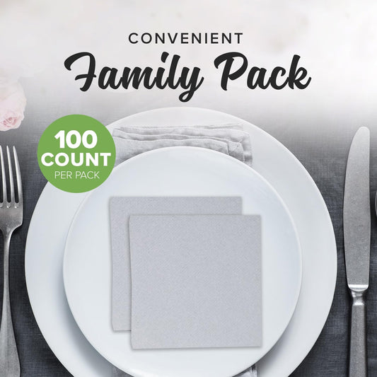 SimuLinen Silver Beverage Napkin - Disposable and Absorbant - Party Napkin/Cocktail napkins - Pack of 100