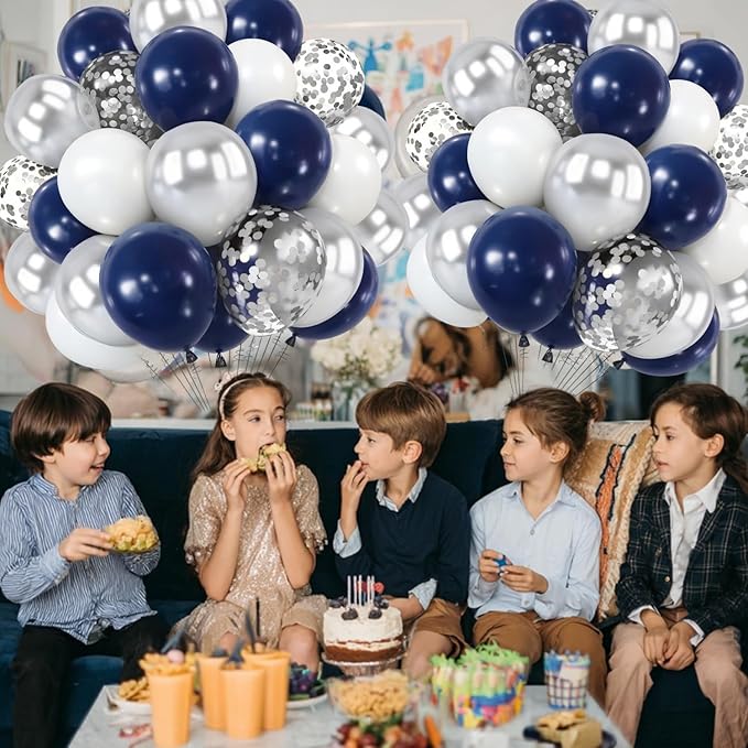 Zesliwy Navy Blue Silver Balloons Kit,50pcs 12inch Royal Dark Blue Metallic Silver White Balloon with Confetti Latex Balloon for Wedding Graduation Birthday Anniversary Party Decorations