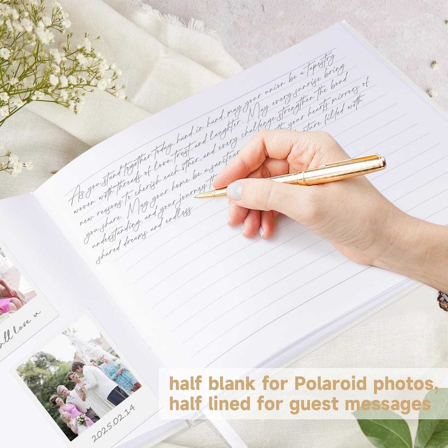 Wedding Guest Book with Personalized 2025 Year - Linen Photo Guest Book for Wedding Reception Bridal Shower Guests to Sign - 100 Pages Blank and Lined Acid Free Paper (Beige,)
