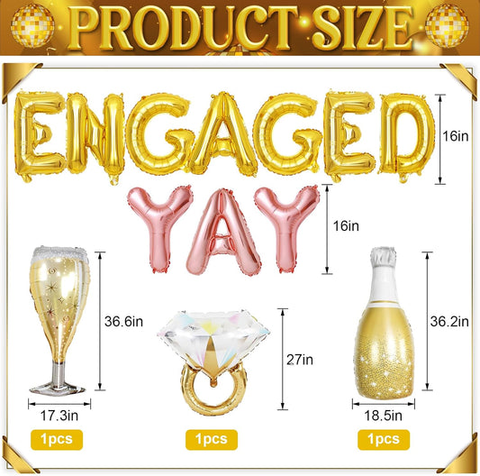 Gold Engagement Party Decorations, Engaged Yay Balloons Letters Banner, Diamond Ring White Champagne Bottle Balloon Glass Foil Balloon for Bachelorette Engagement Wedding Bridal Shower Party Supplies