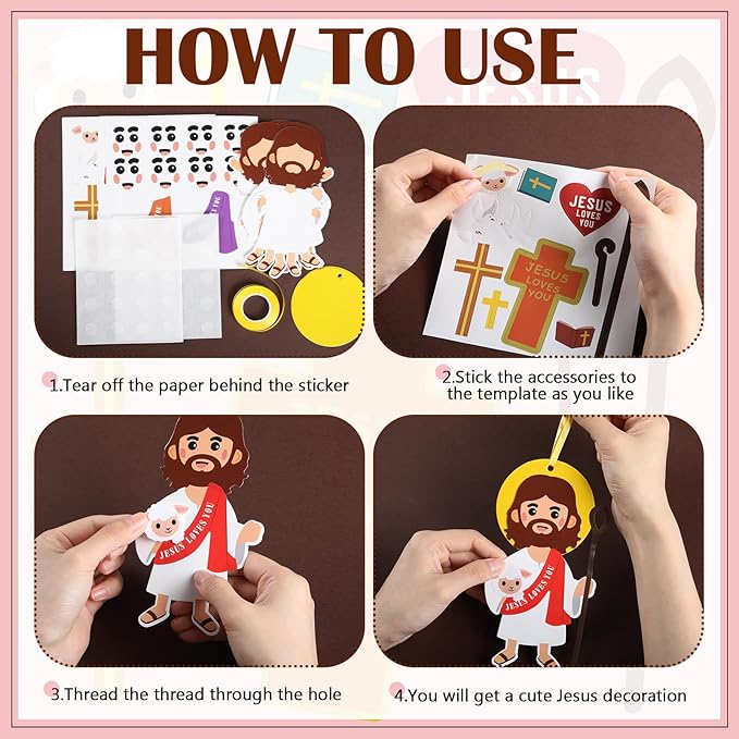 Frienda 48 Set Easter Jesus Loves You Craft Religious Craft Kit Make a Jesus Christian Ornament Stickers Bulk DIY Arts for Fun Easter Party Home Activities Decors