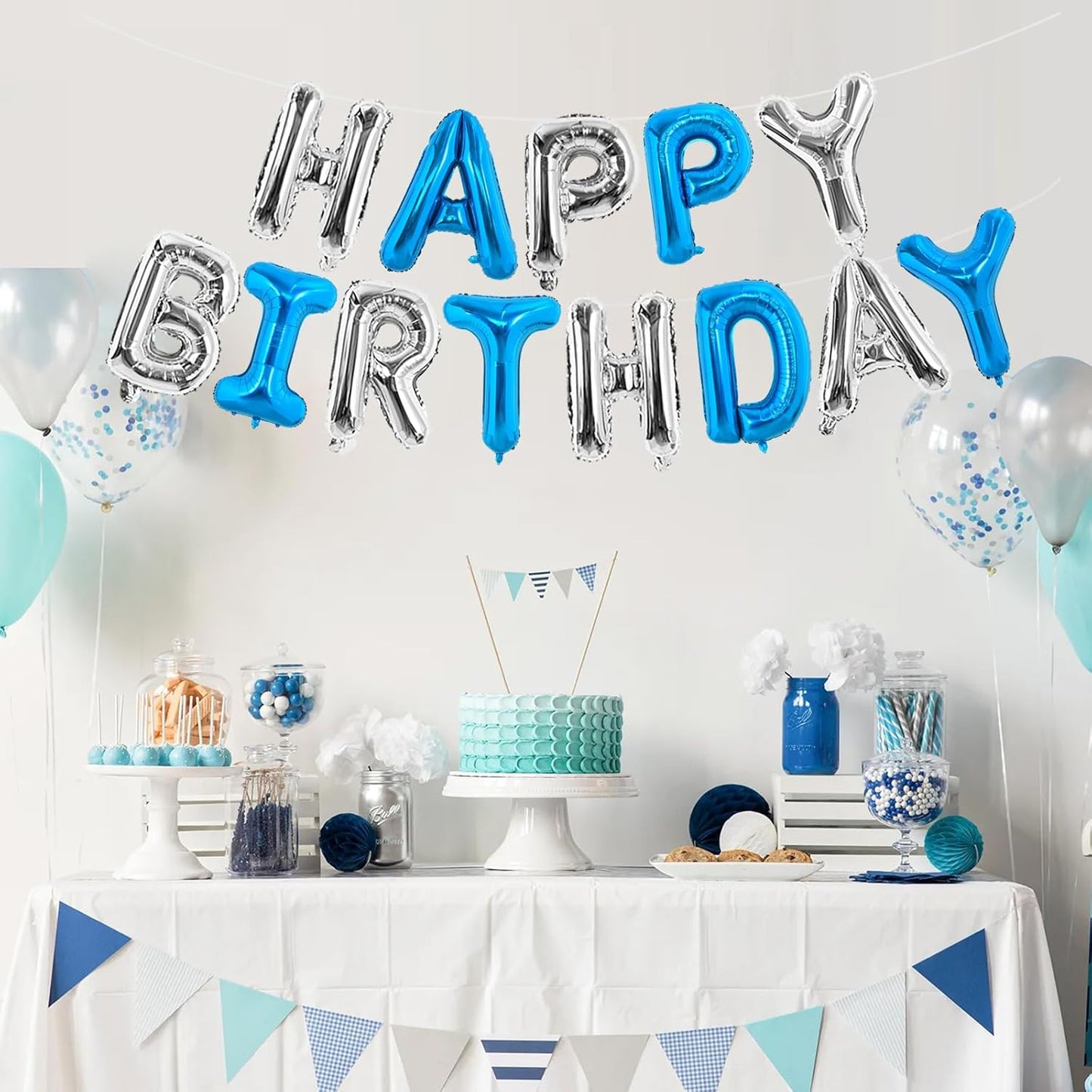 TONIFUL Happy Birthday Balloons Banner 16 Inch Mylar Foil Letters Birthday Sign Reusable for Girls Boys Kids & Adults Birthday Party Decorations Supplies（Navy Blue Silver）