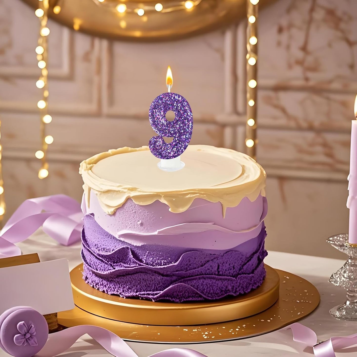 Birthday Number Candles, Glitter Number Candle Cake Decorations with Sequins, Cupcake Decorations for Girls, Women, Party Anniversary Celebrations (Number 9, Purple)