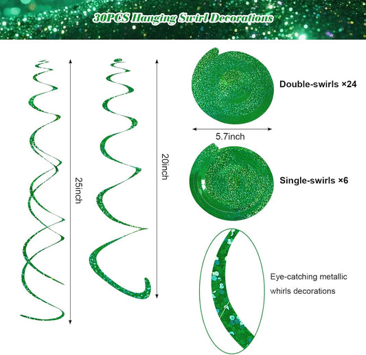 Fumwase 30PCS Hanging Swirl Party Decorations Shinny Foil Plastic Party Streamer for Ceiling Ornament Set for Home School Birthday Wedding Halloween Decorations (Green)