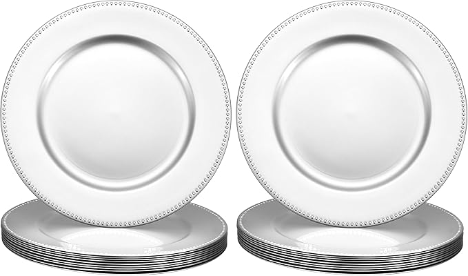 uxcell 10pcs Charger Plates Bulk 13 Inch Plastic Charger Plates Round Plate Chargers for Dinner Wedding Party Event Table Setting Decoration Silver (Pack of 2)