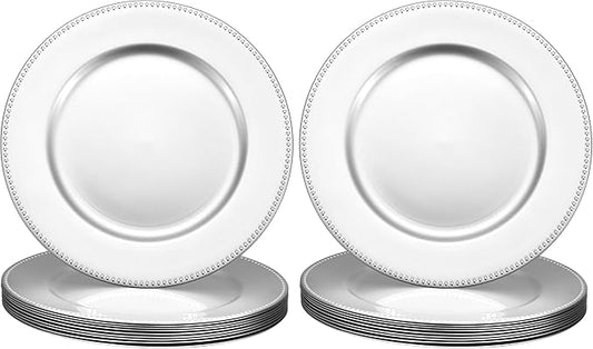 uxcell 10pcs Charger Plates Bulk 13 Inch Plastic Charger Plates Round Plate Chargers for Dinner Wedding Party Event Table Setting Decoration Silver (Pack of 2)