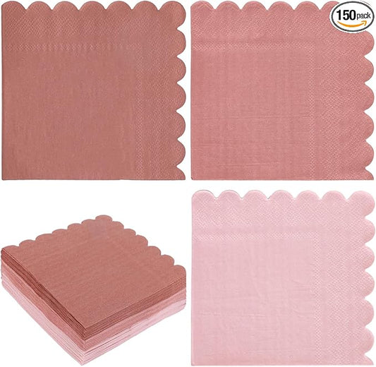 Whaline 150Pcs Dusty Pink Cocktail Napkin Gradient Color Scalloped Paper Napkin 3 Colors Thick Disposable Party Dinner Dessert Beverage Napkin for Party Supplies Table Decor, 5 x 5 In