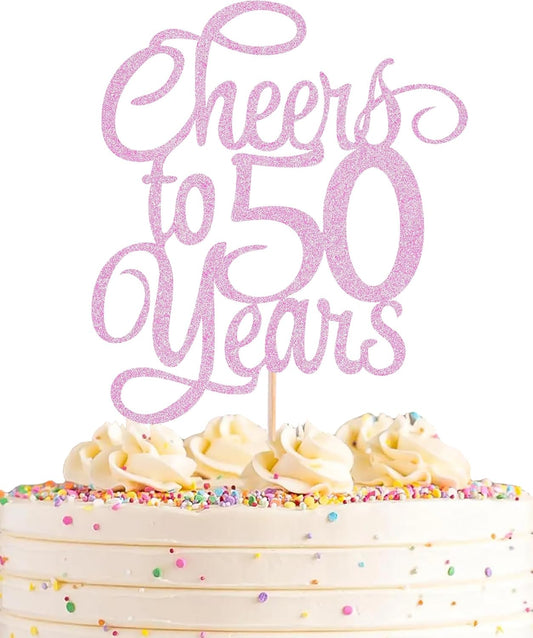 Cheers to 50 Years Cake Topper - Pink Glitter 50th Birthday Cake Decorating Supplies, Perfect for 50th Anniversary or Fifty Birthday Party, Photo Booth Props