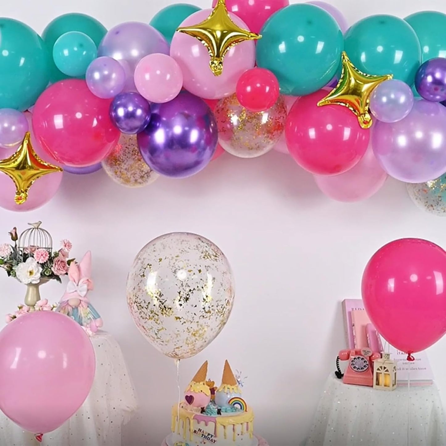 Pink Purple Blue Balloon Arch Kit Teal Hot Pink Metallic Purple Party Latex Balloon Garland with Confetti and Star Foil Balloons for Girls Princess Birthday Baby Shower Neon Party Decorations