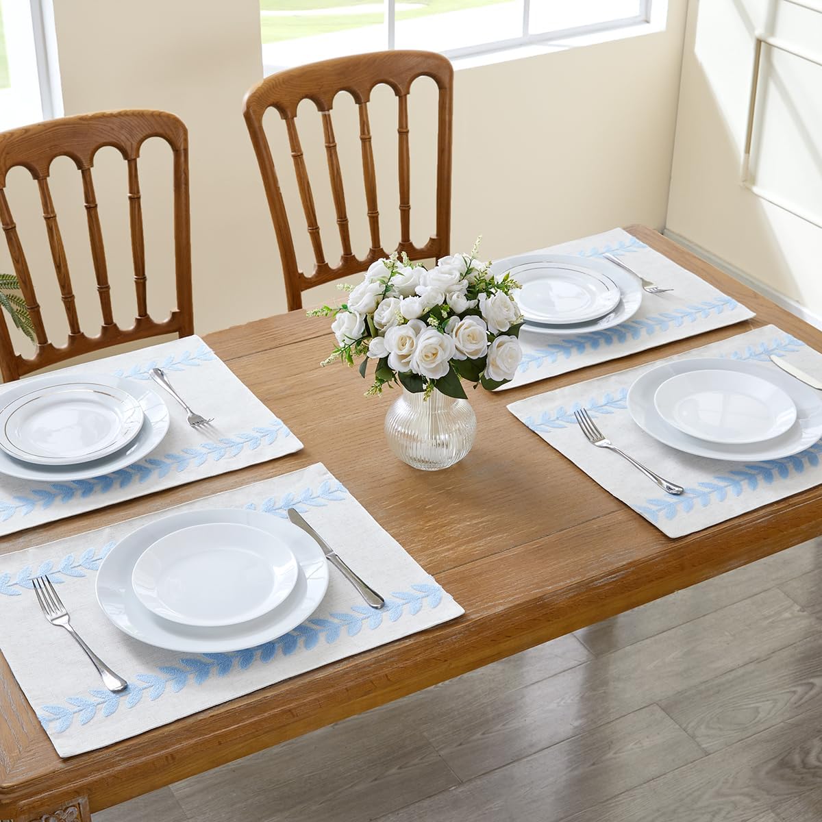 Wracra Embroidered Placemats, 13 x 18 Inch Set of 4 Placemats, Irregular Willow Rustic Place Mats for Kitchen Table and Heat Resistant, Blue 4PCS