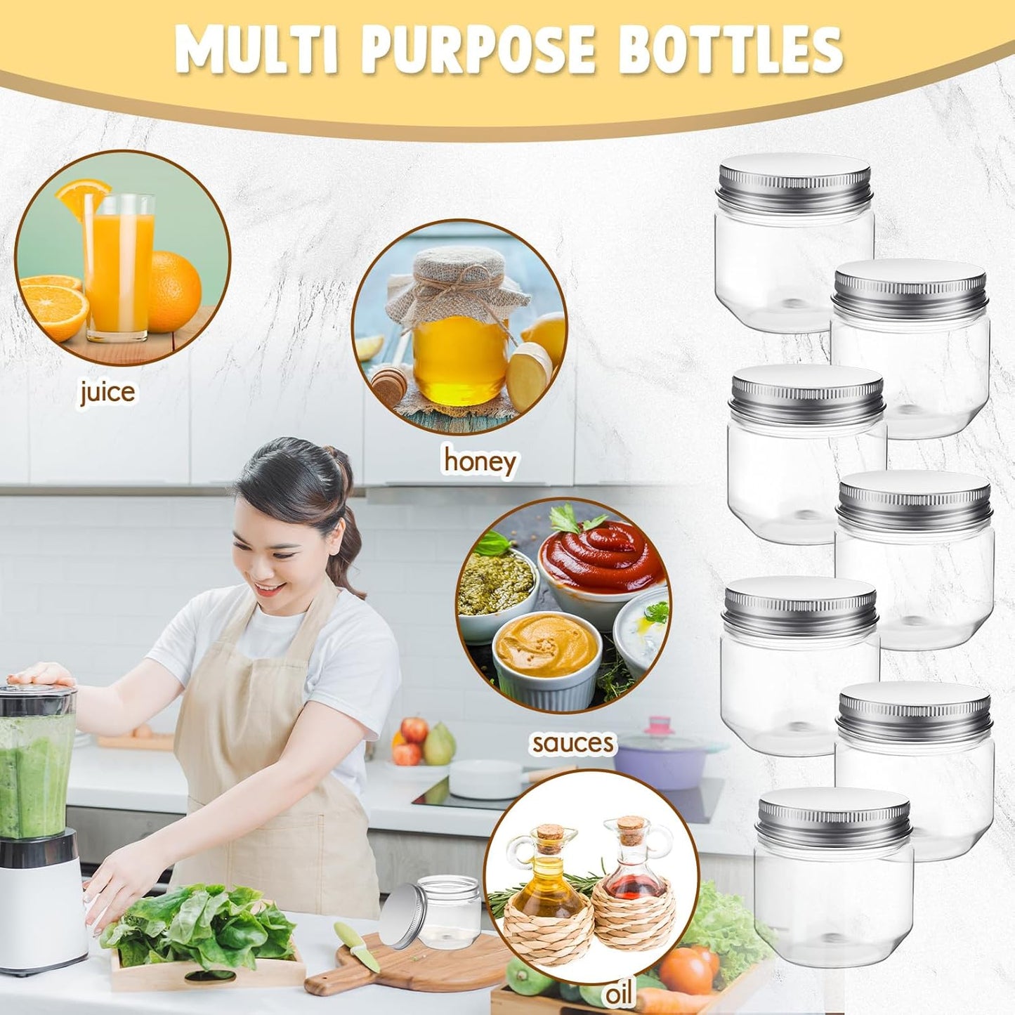 Tanlade 60 Pcs 3 oz Clear Plastic Jars with Lids Wide Mouth Mason Jars Mini Storage Containers Bulk for Herb Jelly Wedding Valentine Favors Shower Party Favors(Silver)