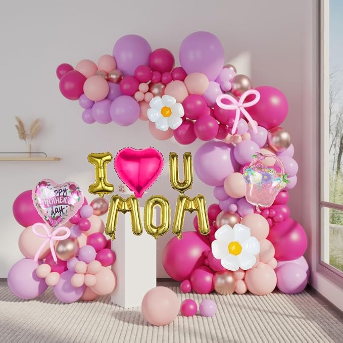 Mothers day Balloon Garland Kit Hot Pink and Rose gold Rustic Elegant Party Decorations with Foil Heart Letters Floral Basket Daisy Balloons for Indoor Outdoor Premium Party Supplies