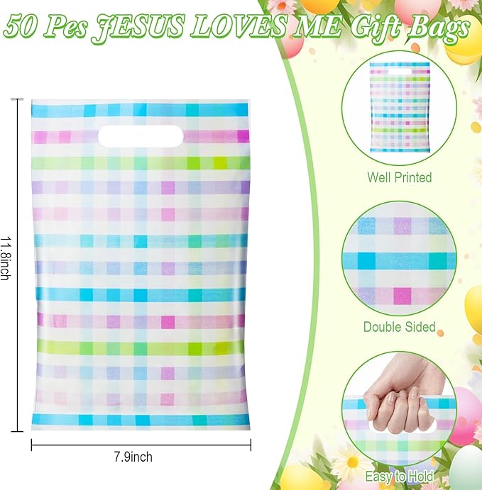 Epakh 100 Pcs Easter Checkered Gift Bags Bulk Plastic Goody Bags with Handles Pastel Rainbow Color Plaid Candy Gift Bag for Easter Baby Shower Spring Birthday Ice Cream Party Supplies