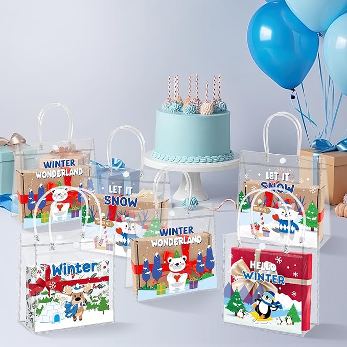 H1vojoxo Polar Animals Gift Bags - 24PCS Winter Polar Animals Clear PVC Gift Bags with Handle Let it Snow Reusable PVC Plastic Transparent Waterproof Tote Bag for Winter Birthday Party Supplies