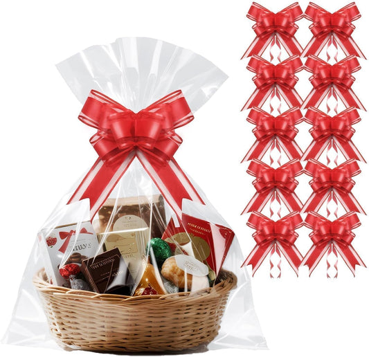 PigPotParty 16"x24" Clear Cellophane Gift Bags - Includes Bows – 10 Pack Cellophane Wrap for Gift Baskets, Plastic Gifts Bags for Gift Giving