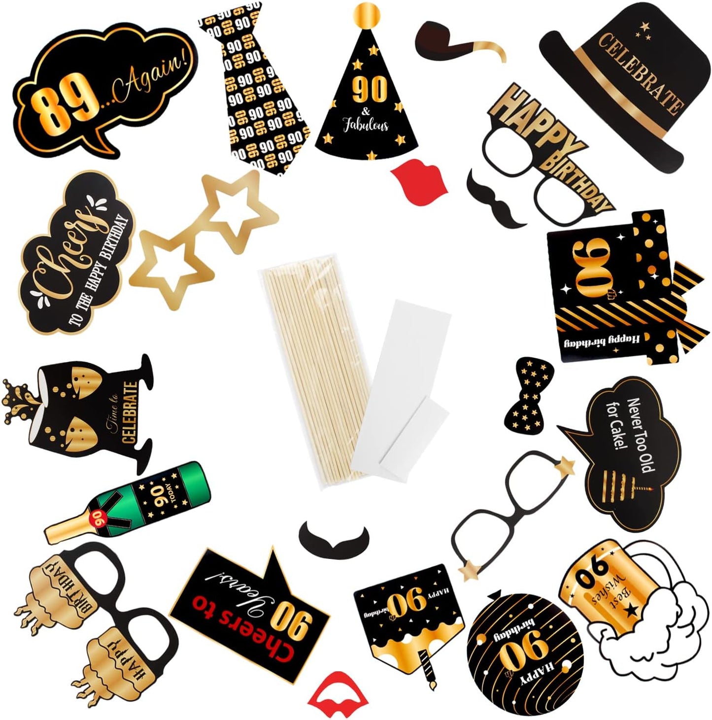 LINGTEER Happy 90th Birthday Party Photo Booth Props,Cheers to 90th Birthday Ninety Years Old Bday Party Centerpieces Props Decorations Sign.