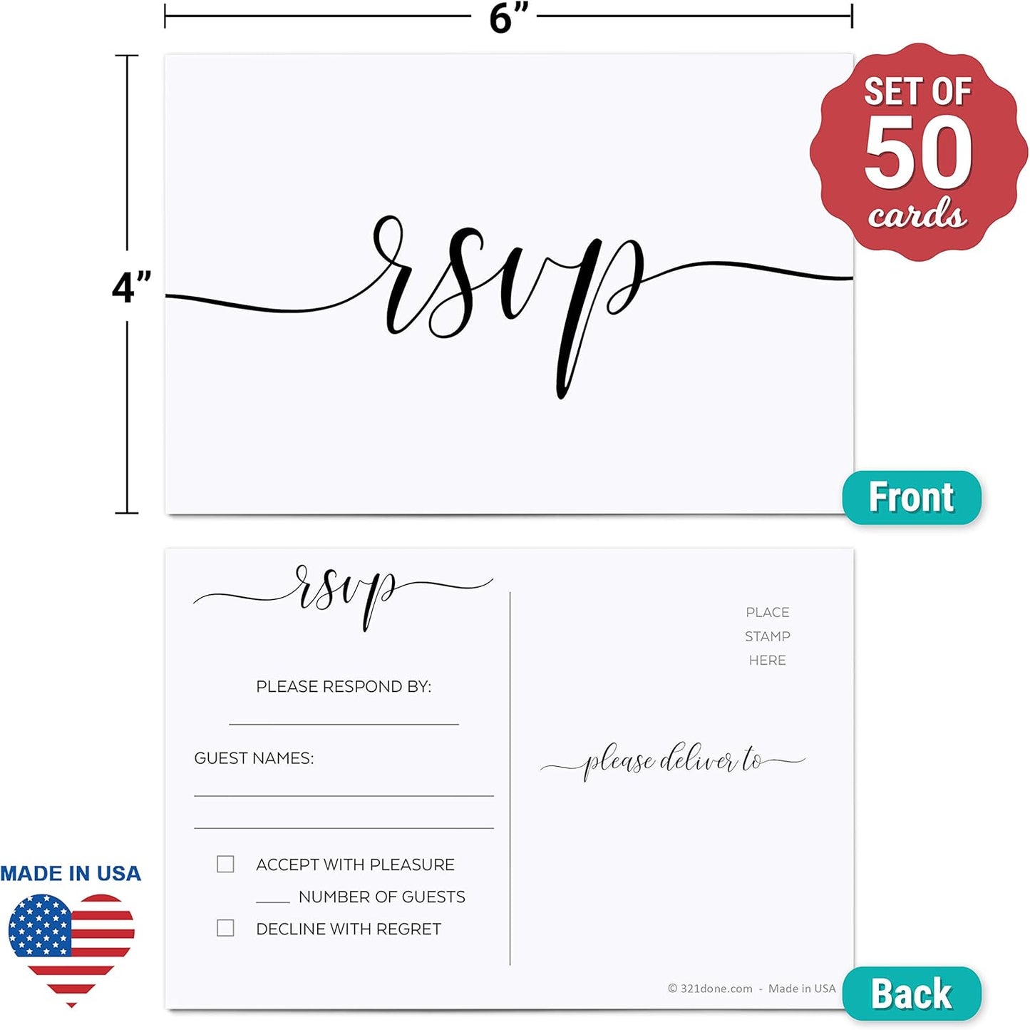 321Done RSVP Postcards 4x6 White (50 Cards) Made in USA, Blank with Mailing Side, Response Cards for Wedding, Bridal Shower, Anniversary Party, Luxury Cardstock, Calligraphy Script Design