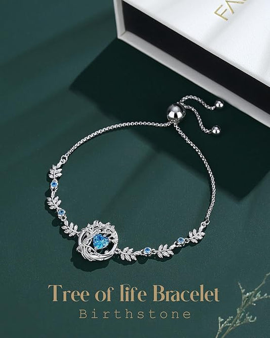 FANCIME Valentines Day Gift Tree of life Birthstone Bracelet for Women Sterling Silver Tree Jewelry Birthstone Charm Bracelet Gemstone Anniversary Birthday Gifts for Wife Mom Her