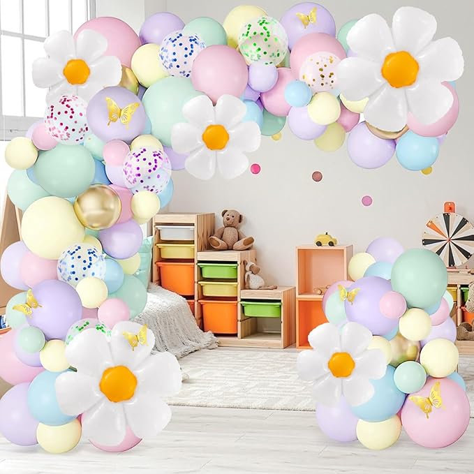 VinTS 150 PCS Daisy Pastel Balloon Garland Kit,White Daisy Flower Macaron Pastel Balloons Garland with Butterfly Stickers for Mothers Day Spring Easter Baby Shower Decoration