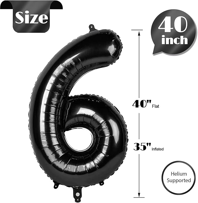 Black Number 6 Balloon 40 Inch, 6th Birthday Party Decorations for Children, Giant 6 Foil Balloon for Party Supplies