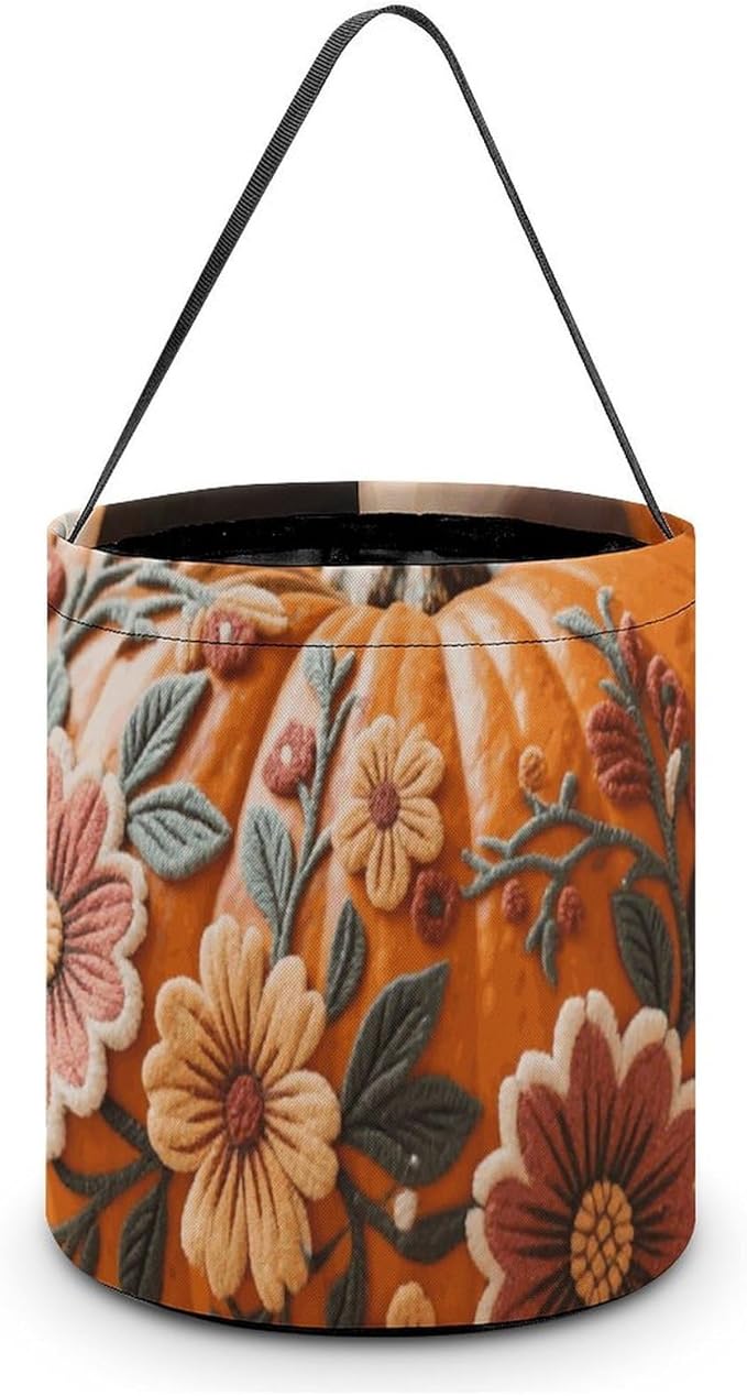 Halloween Candy Bucket - Fall Pumpkin Ethic Boho Floral Trick Or Treat Candy Bag, Gift Bag for Party Favor Supplies