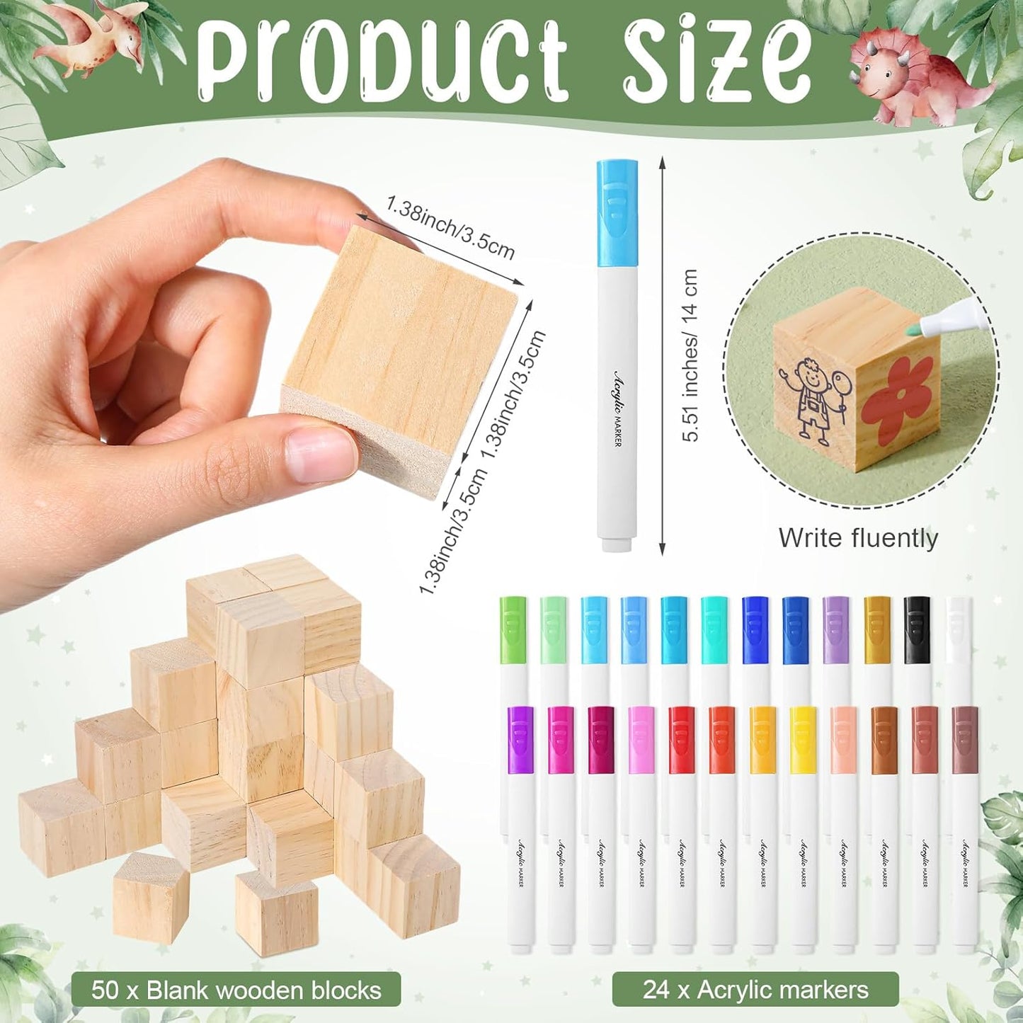 Tatuo 75 Pcs Baby Shower Games Sign Kit Including Decorate a Block Game Sign 50 DIY Wooden Block 24 Acrylic Paint Marker Baby Shower Prize for Gender Reveal Party(Dinosaur)