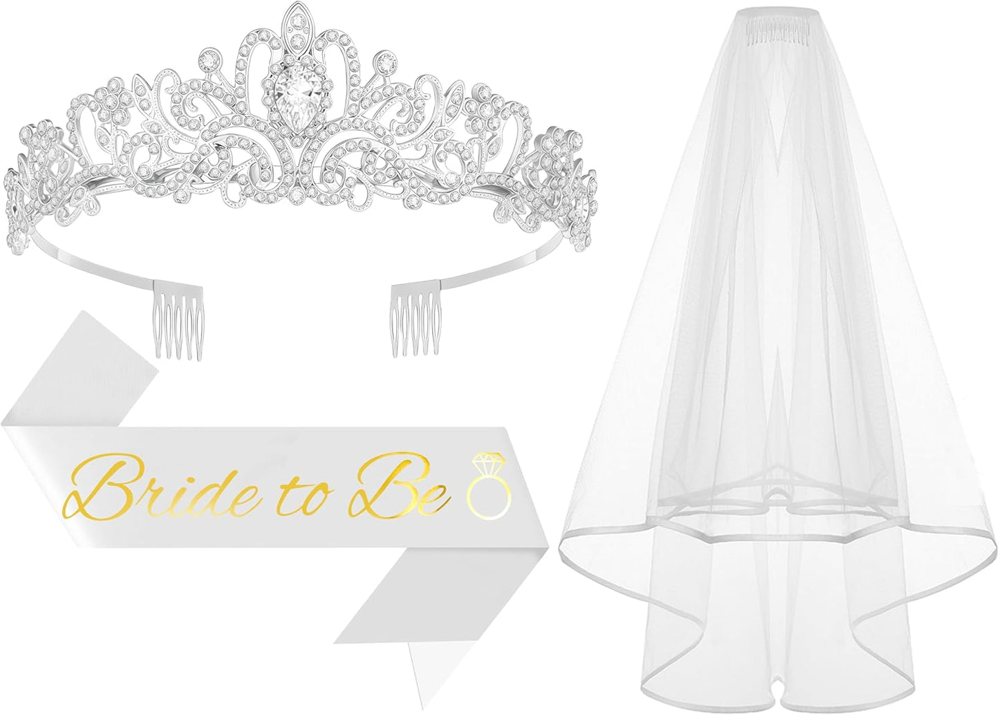 3Pcs Bride to Be Crown with Sash and Veil for Bachelorette Party Decorations, Bridal Shower Accessories for Gift, Favors