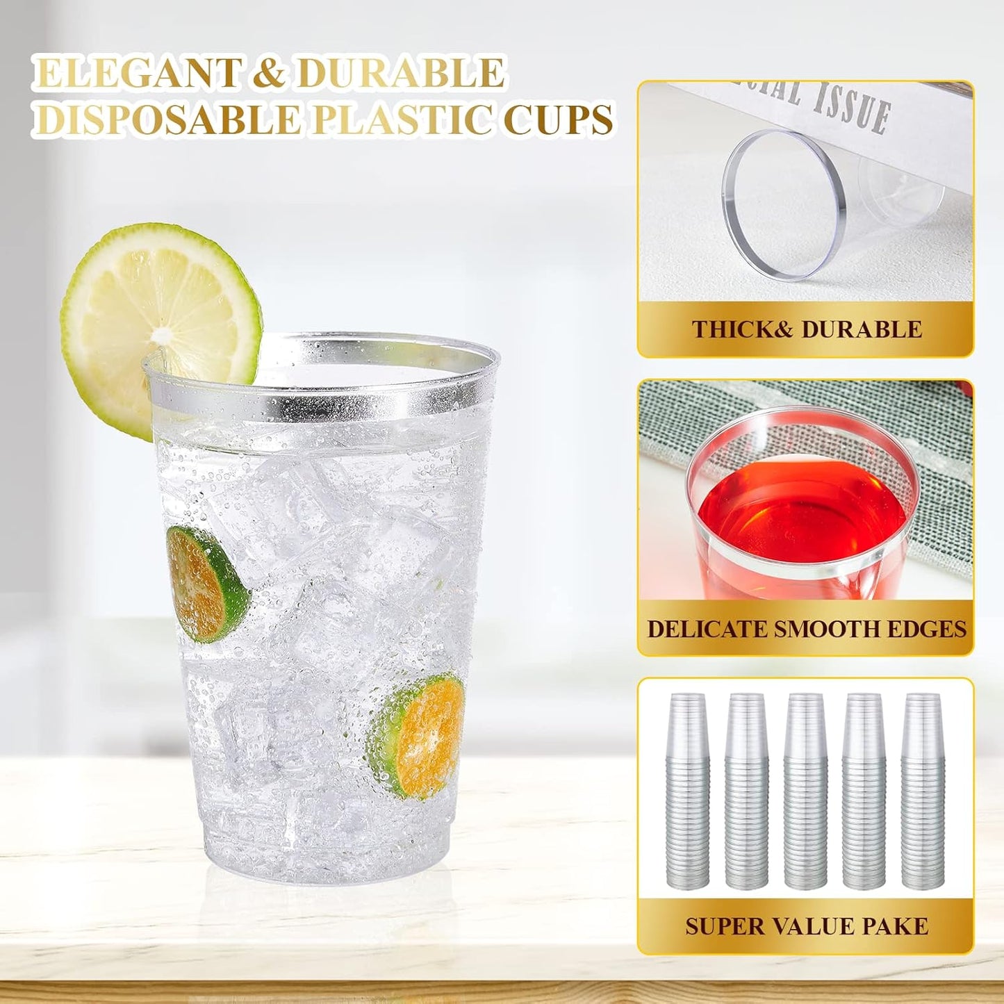 Vplus 150 Pack 12 OZ Reusable Silver Rimmed Clear Plastic Cups, Disposable Heavy Duty Plastic Cups for Party, Christmas, Wedding, Thanksgiving, Halloween