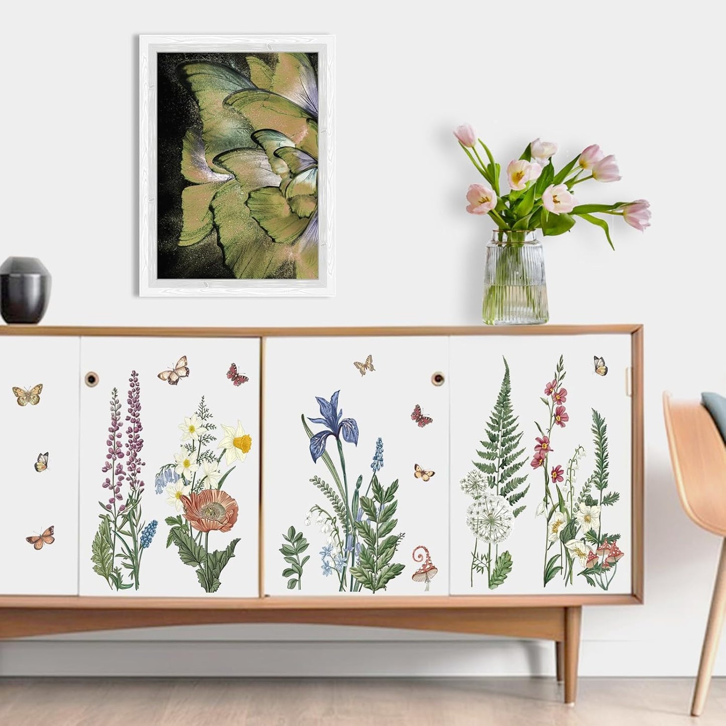 Yovkky Spring Summer Flower Fern Plants Wall Decals Stickers, Natural Botanical Floral Butterfly Home Bedroom Decor, Plant Wildflower Seasonal Living Room Kitchen Decorations Art