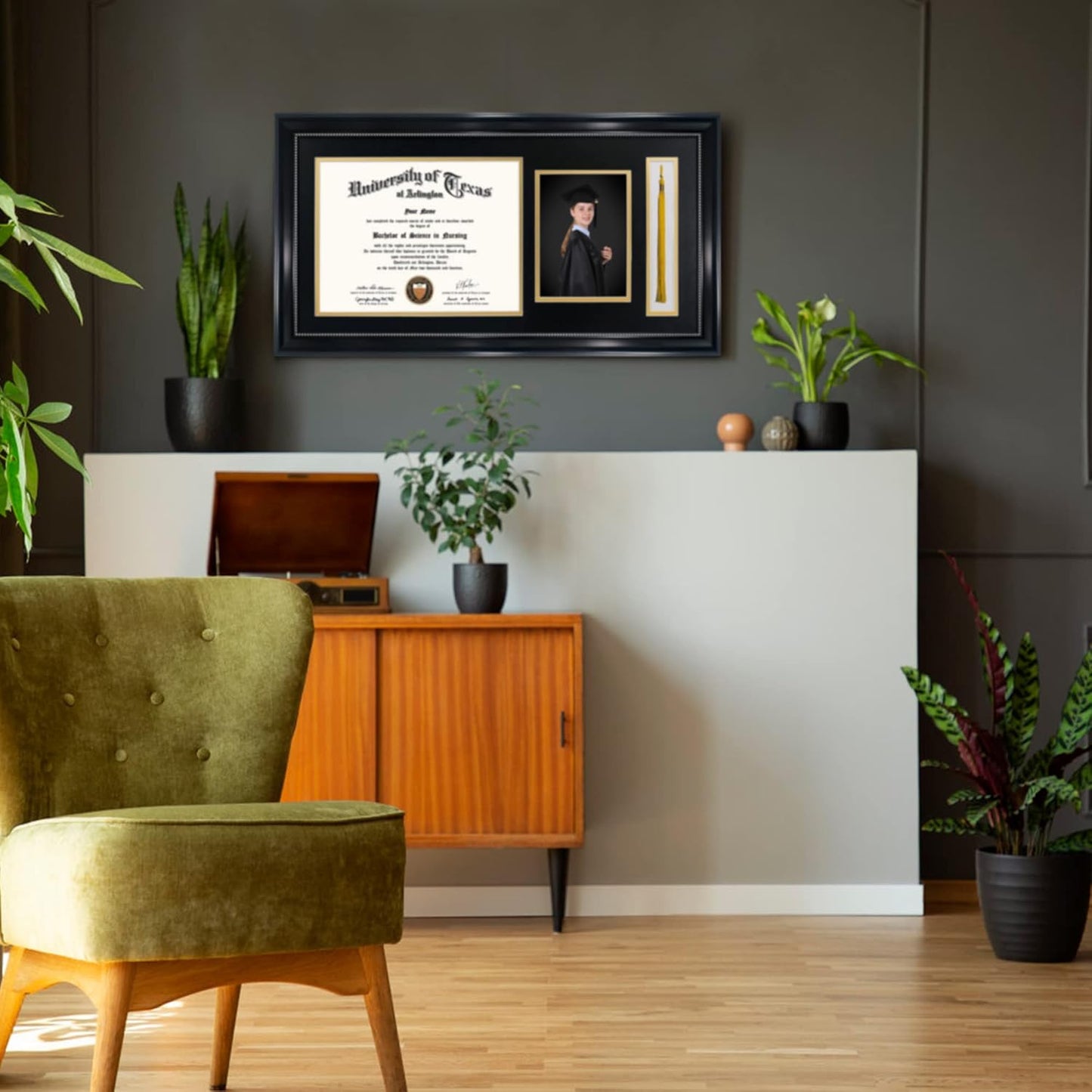 GraduationMall 11x22 Black Diploma Frame with Tassel Holder and Picture for 8.5x11 Certificate 5x7 Photo,Real Glass,Black over Gold Mat