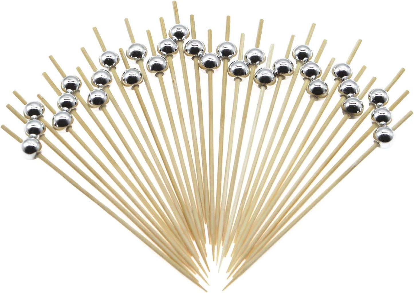 Minisland Silver Pearl Cocktail Picks, 4.7 Inch Long Bamboo Fancy Toothpicks for Appetizers, Decorative Christmas New Year Holiday Party Food Drink Garnish Fruit Kabob Skewer Sticks 100 Counts -MSL151
