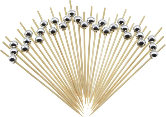 Minisland Silver Pearl Cocktail Picks, 4.7 Inch Long Bamboo Fancy Toothpicks for Appetizers, Decorative Christmas New Year Holiday Party Food Drink Garnish Fruit Kabob Skewer Sticks 100 Counts -MSL151